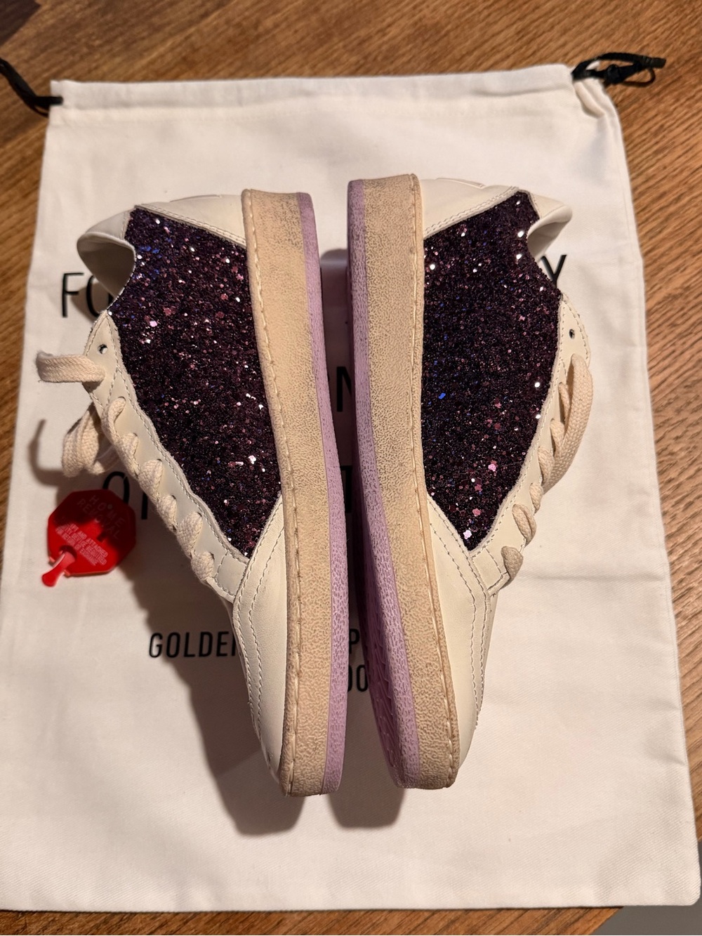 Golden Goose BallStar Low-Top Sneakers in Cream & Plum Glitter - Picture 6 of 14